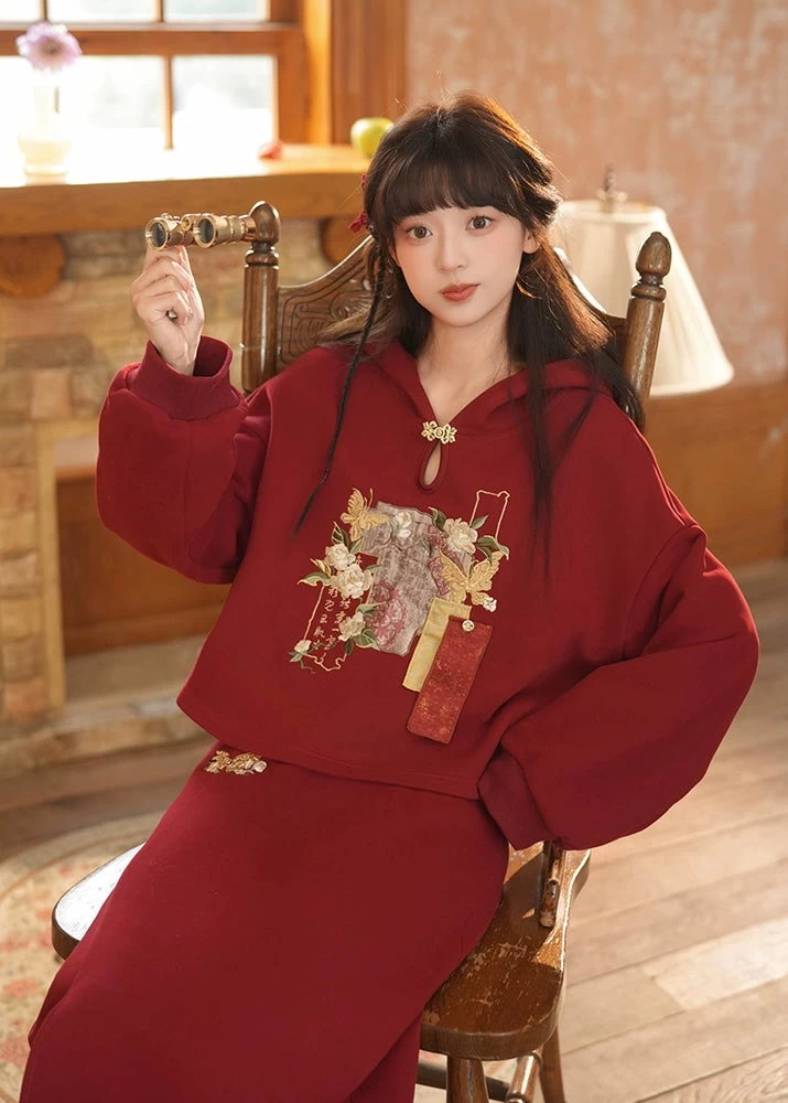 Women's 2-Piece Daily Hanfu Hoodie & Skirt Jasmine Scroll Print| HANFUBAO