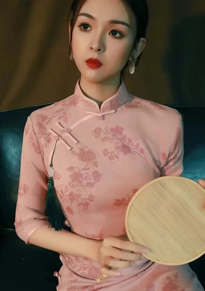 Women’s Faux Suede Modern Hanfu Qipao Dress Pink Print | HANFUBAO