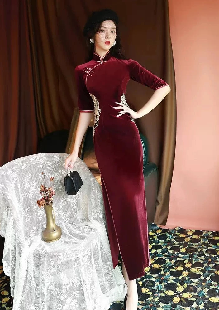 Women's Velvet Qipao Dress Burgundy High Slit| HANFUBAO