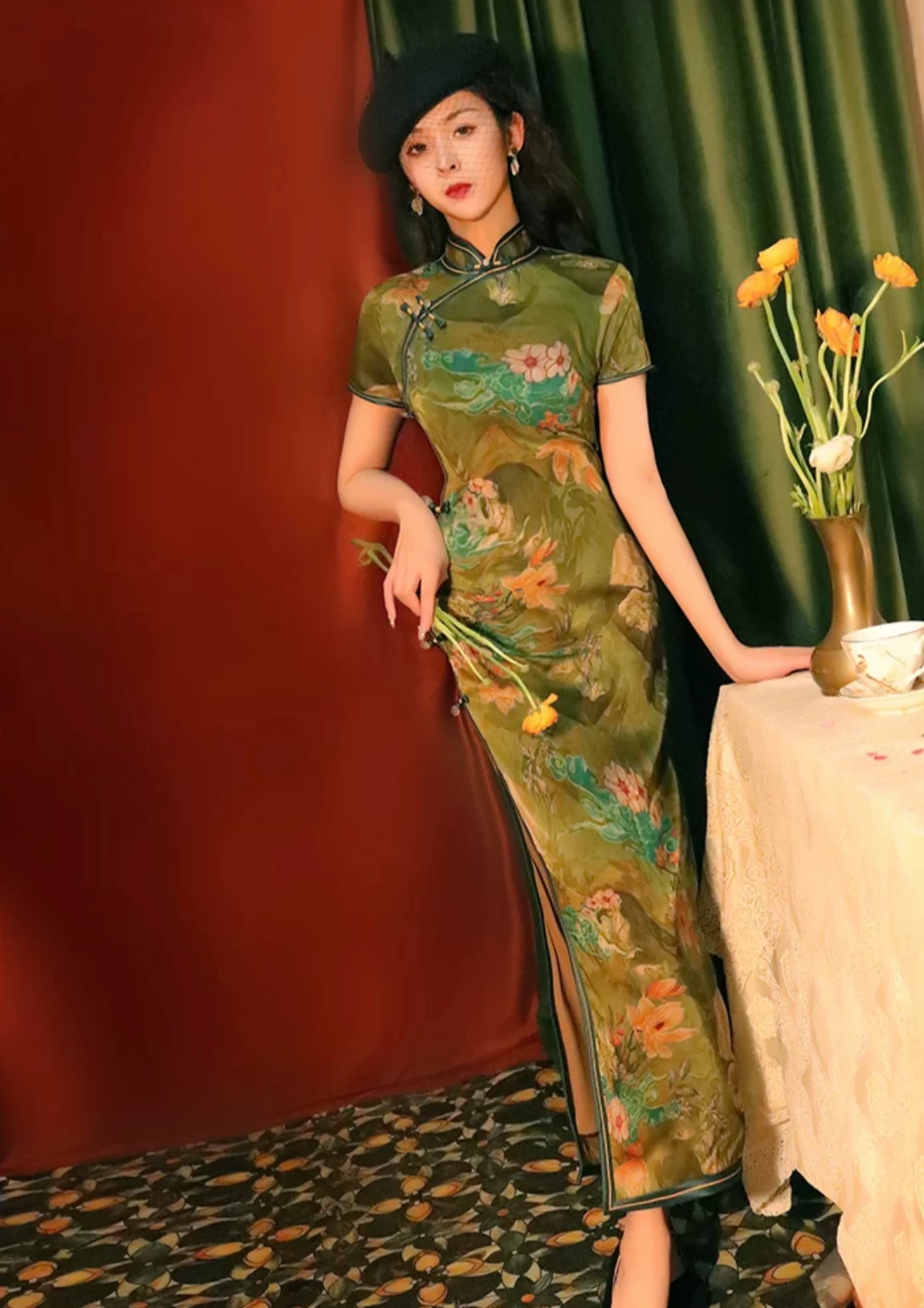 Women Modern Hanfu Gambiered Gauze Yellow Printed Qipao Dress | HANFUBAO