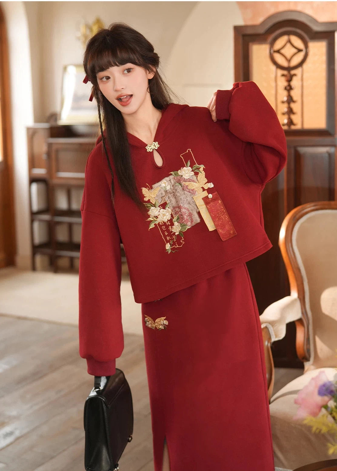 Women's 2-Piece Daily Hanfu Hoodie & Skirt Jasmine Scroll Print| HANFUBAO