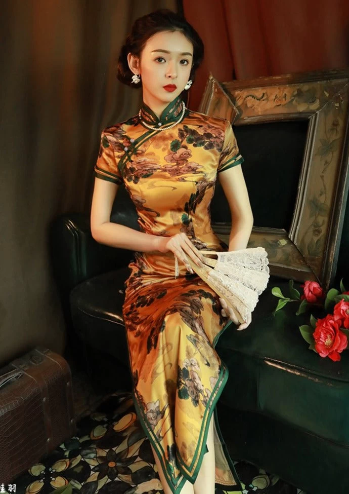 Women Cloud Satin Qipao Cheongsam Gold Cloud Print Daily Wear| HANFUBAO