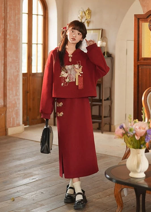 Women’s 2-Piece Modern Daily Hanfu Hoodie Set Jasmine Scroll Print| HANFUBAO