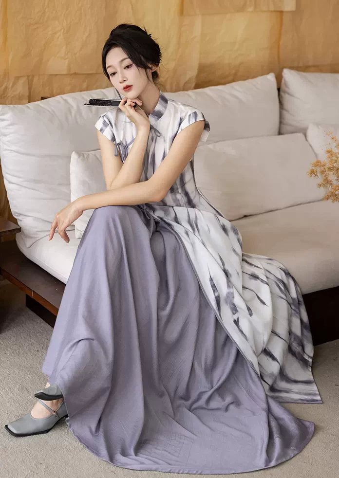 Women Modern 2-Piece Qipao Set Cloud Mist Print, Cotton Blend| HANFUBAO