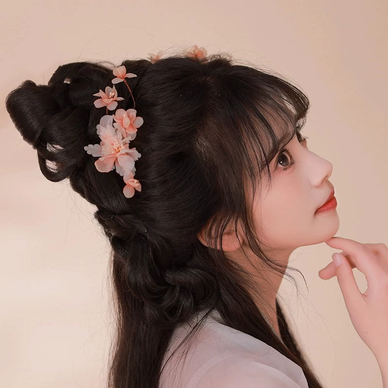 Women’s 2-Piece Apricot Blossom Yarn Flower Hanfu Hair Clips | HANFUBAO