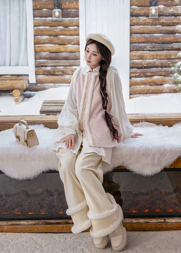 Women’s Linen-Blend Modern Daily Hanfu 3-Piece Set Snowy Plush | HANFUBAO