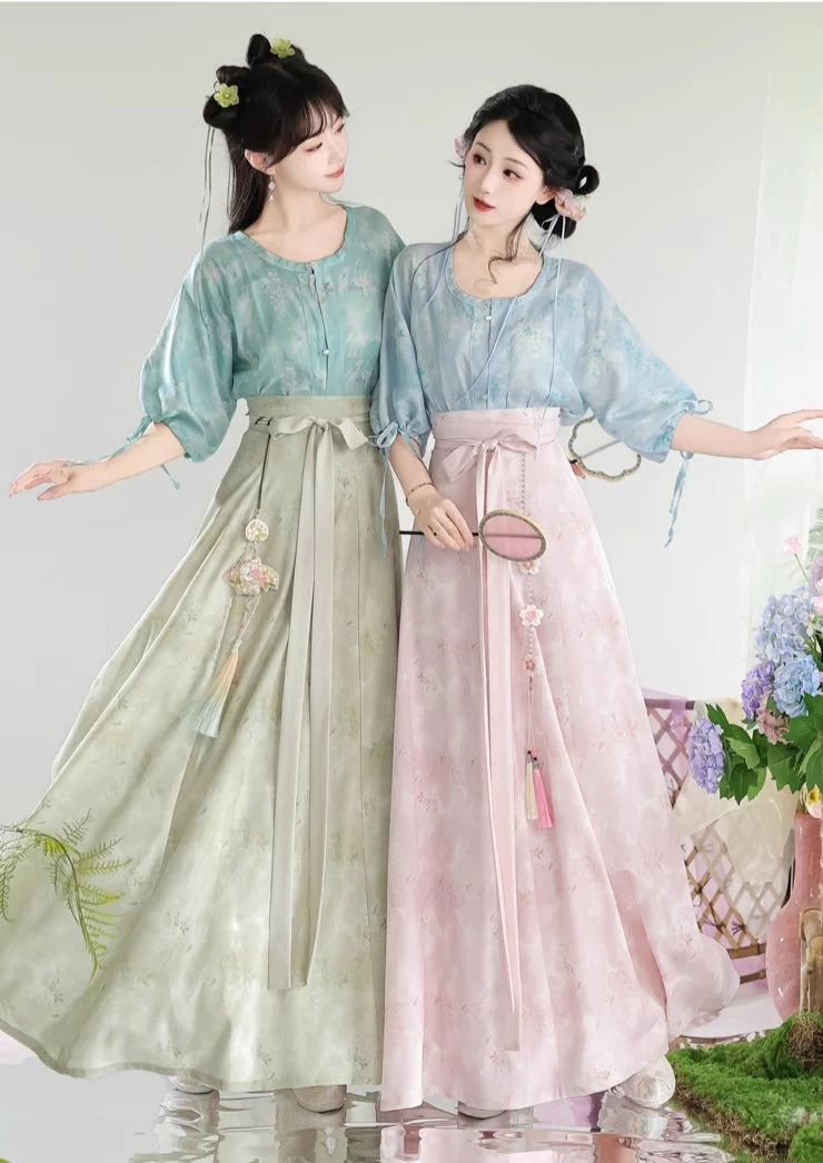 Women’s Floral Daily Hanfu 2-Piece Set Top & Skirt, Artificial Silk Blend | HANFUBAO