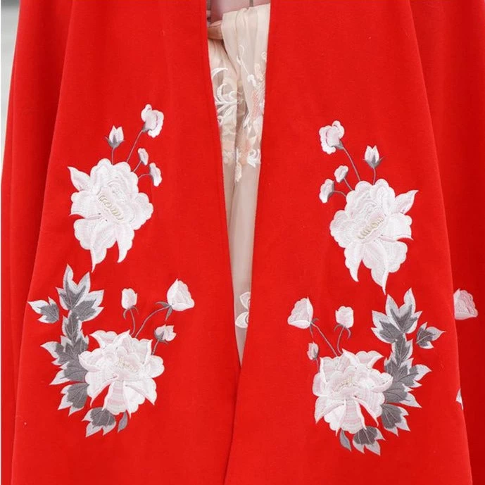 Women Modern Hanfu  Hooded Cape Red Peony Embroidery | HANFUBAO