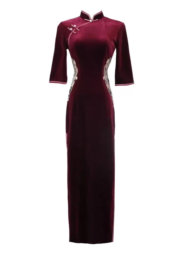 Women's Velvet Qipao Dress Burgundy High Slit| HANFUBAO