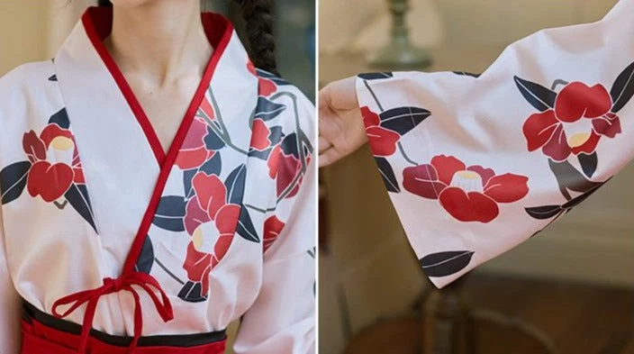 Women Modern Daily Hanfu Top & Short Skirt Black/Red Camellia Print  | HANFUBAO