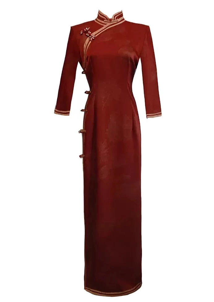 Women Acetate Satin Modern Hanfu Qipao Dress Wine Red | HANFUBAO
