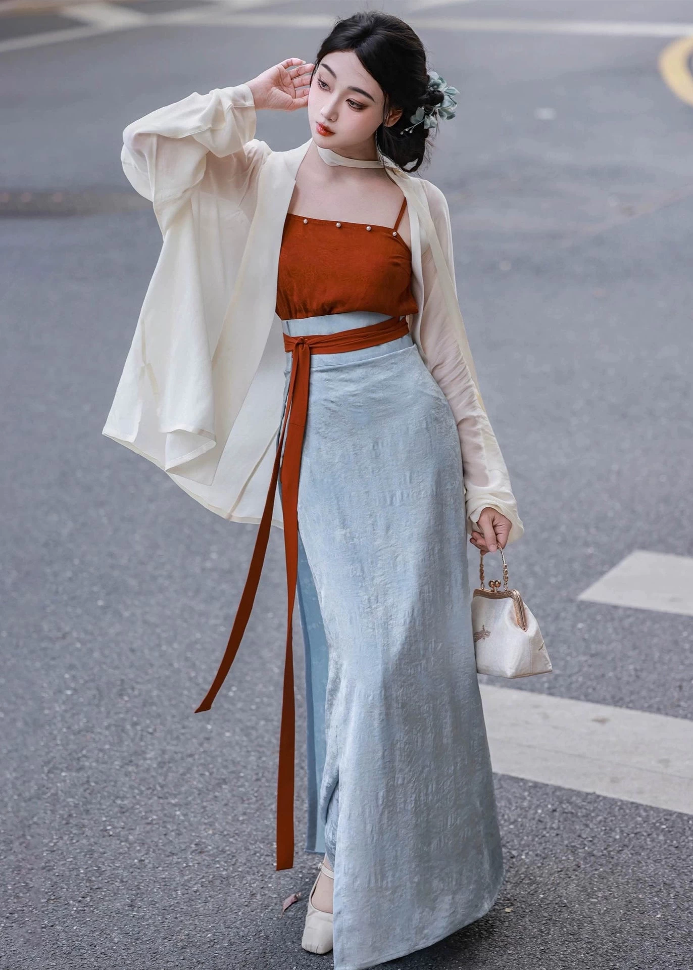 Women 3-Piece Daily Hanfu Set Mist Wait Tencel Skirt Top Cover-Up | HANFUBAO