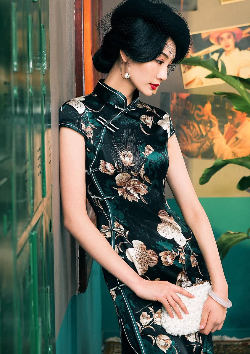 Silvoria | Girls Silk Blend Cheongsam Qipao Maxi Dress Floral Black S-XXXL