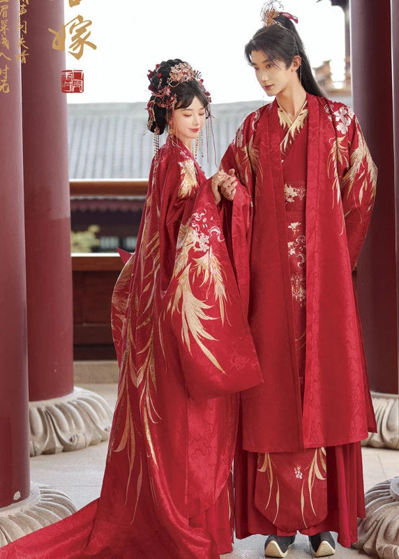 Women 3-Piece Wedding Hanfu Crane Feather Embroidered Red Plus Size| HANFUBAO