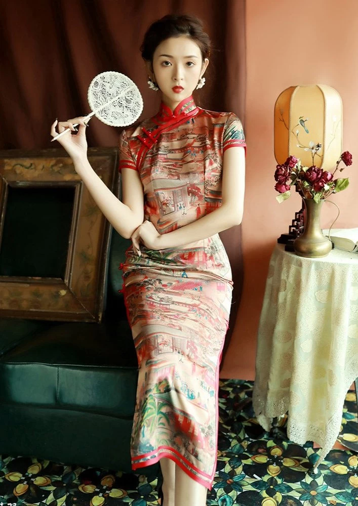 Women Vintage Satin Qipao MeilRed Painting Print | HANFUBAO