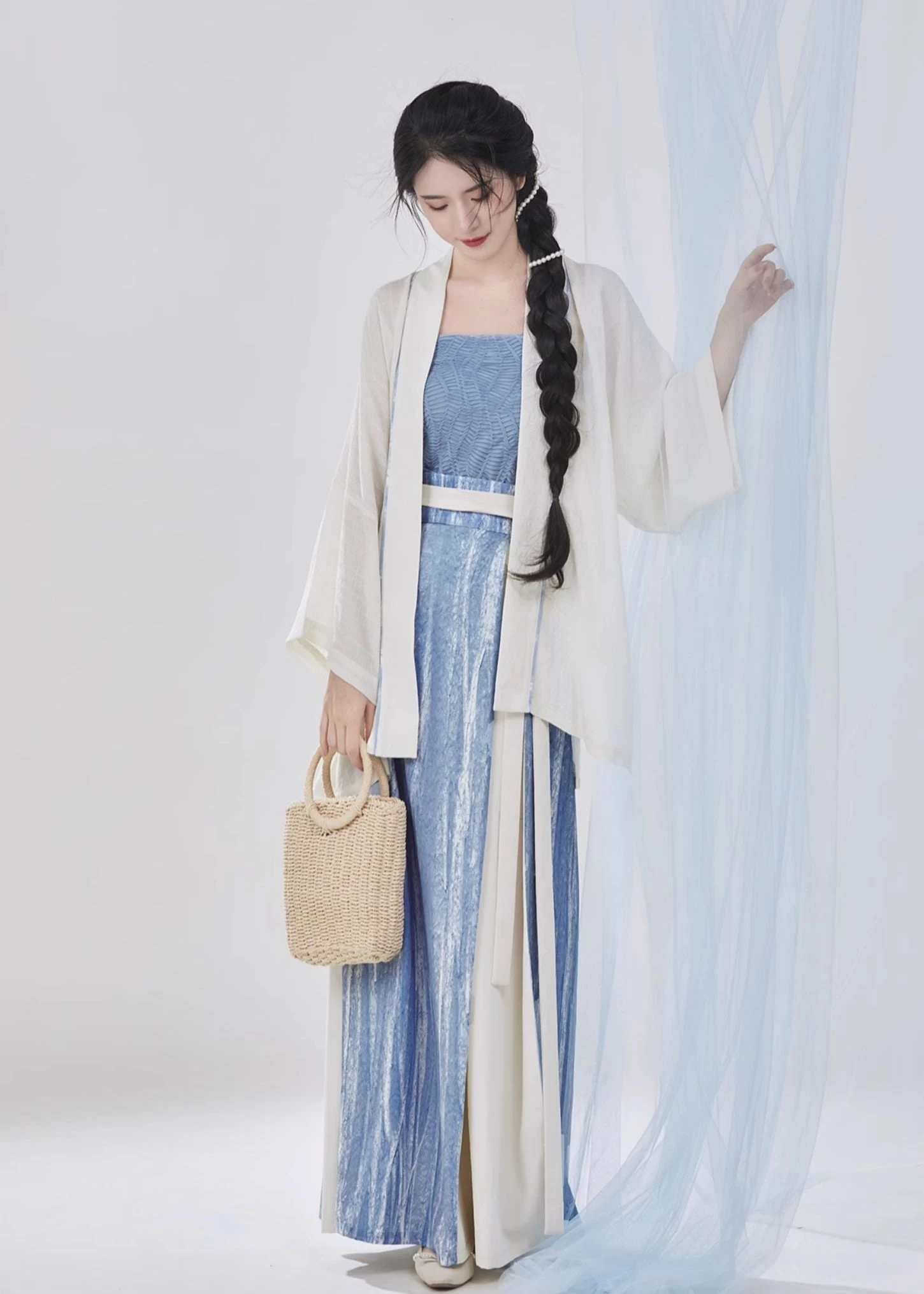 Women Modern Chiffon Hanfu 3-Piece Set Sea Breeze Blue | HANFUBAO