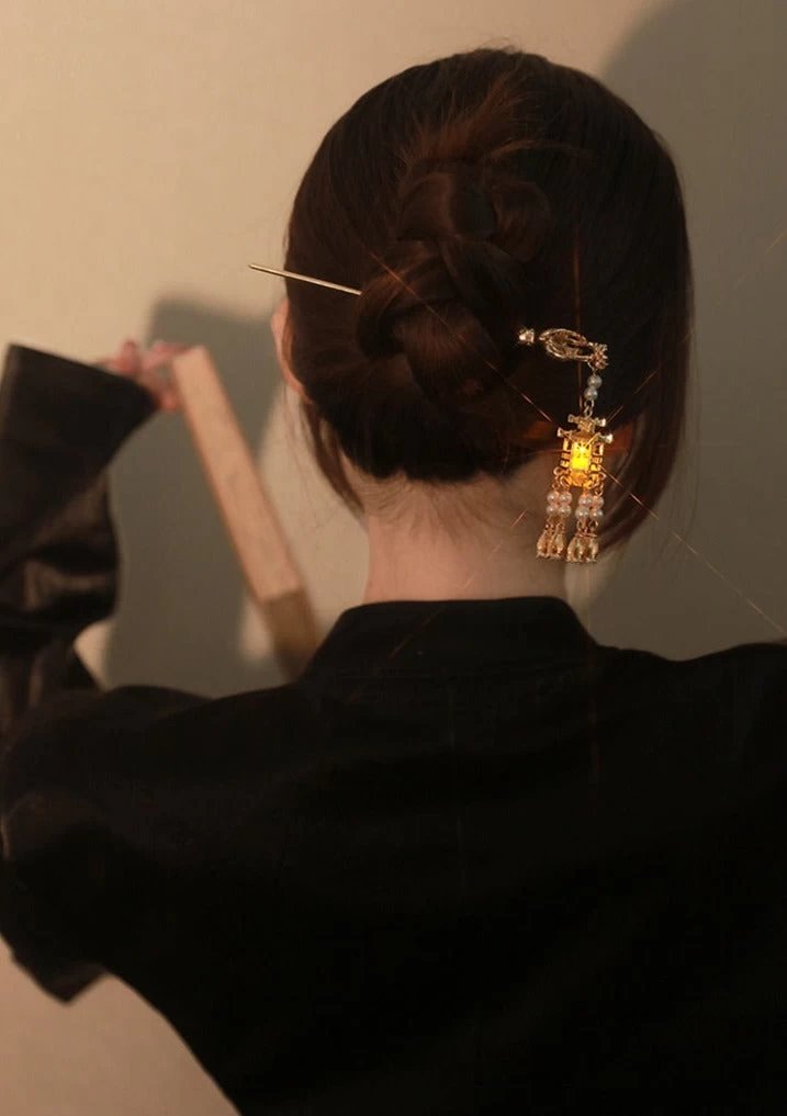 Women Pavilion Lantern Tassel Hairpin Gold Faux Pearl Metal| HANFUBAO
