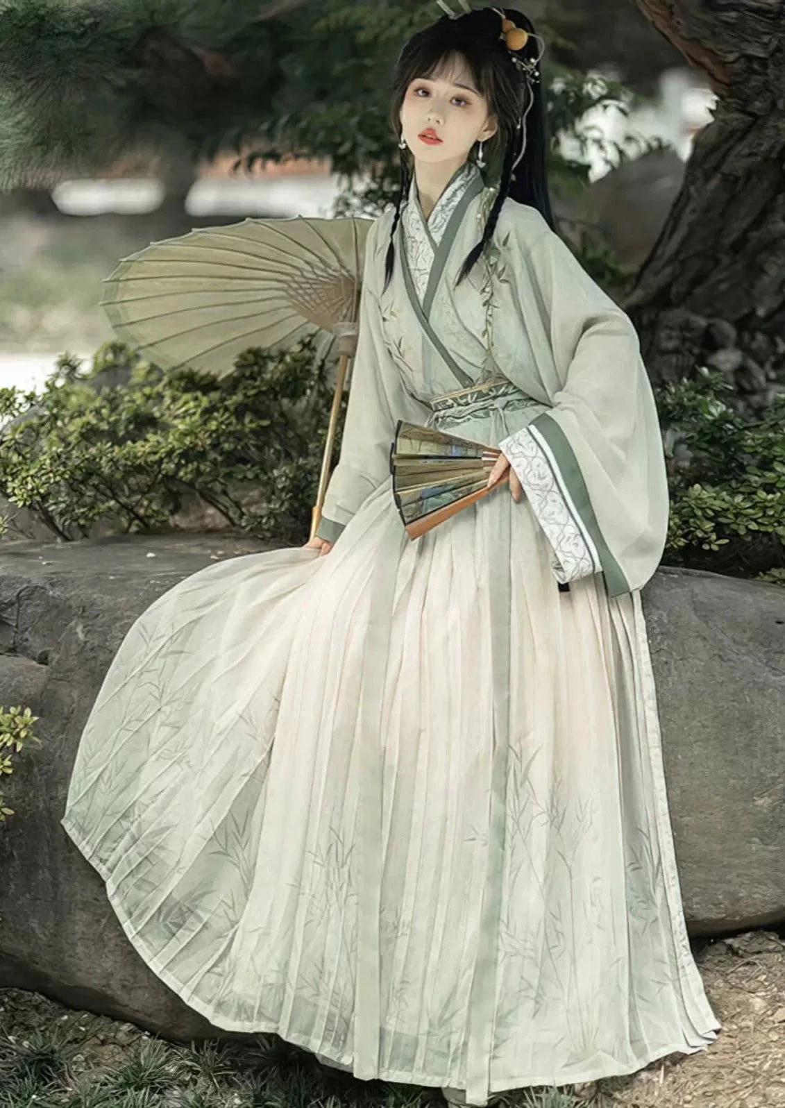 Unisex Bamboo Pattern Cotton Daily Hanfu 3-Piece Set (Plus Size) | HANFUBAO