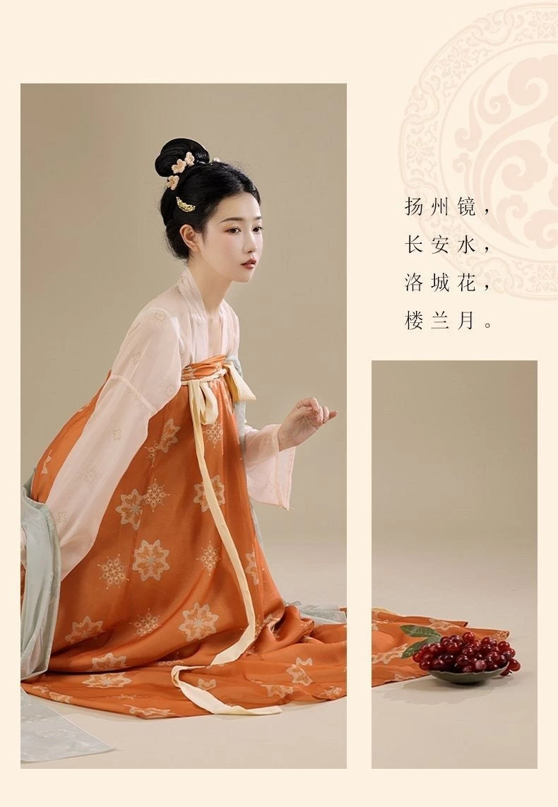 Women's Vintage Floral Embroidery Orange Chiffon Hanfu Dress Set| HANFUBAO