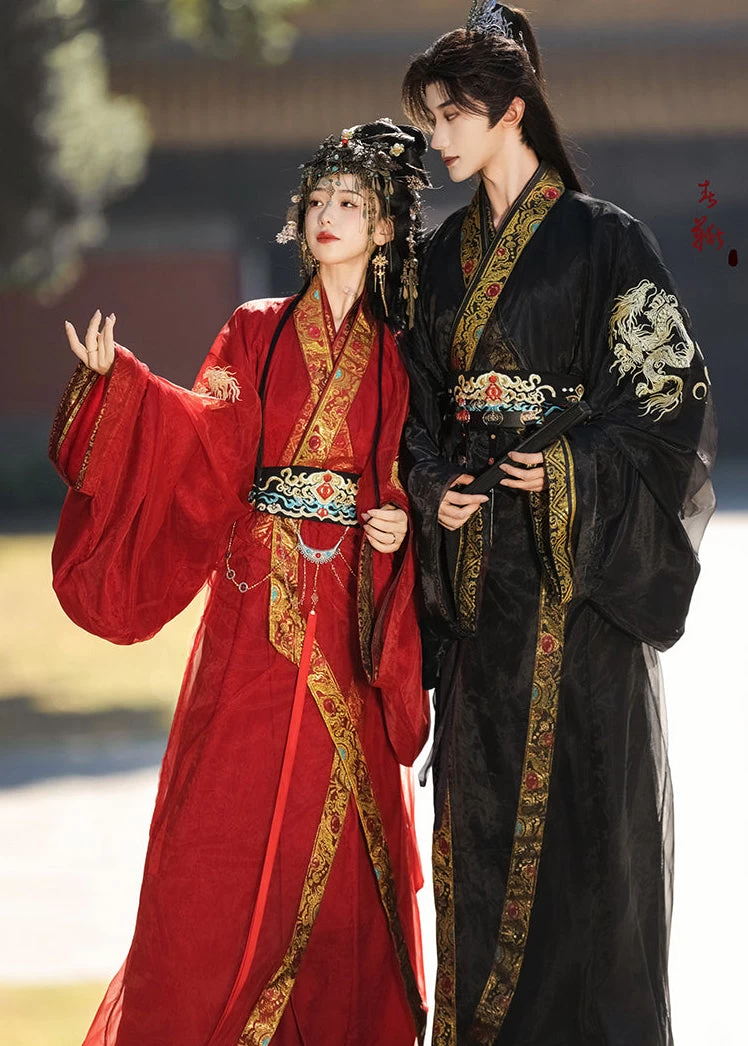 Unisex Modern Daily Hanfu 3-Piece Robe Set  Scarlet Plus Size | HANFUBAO