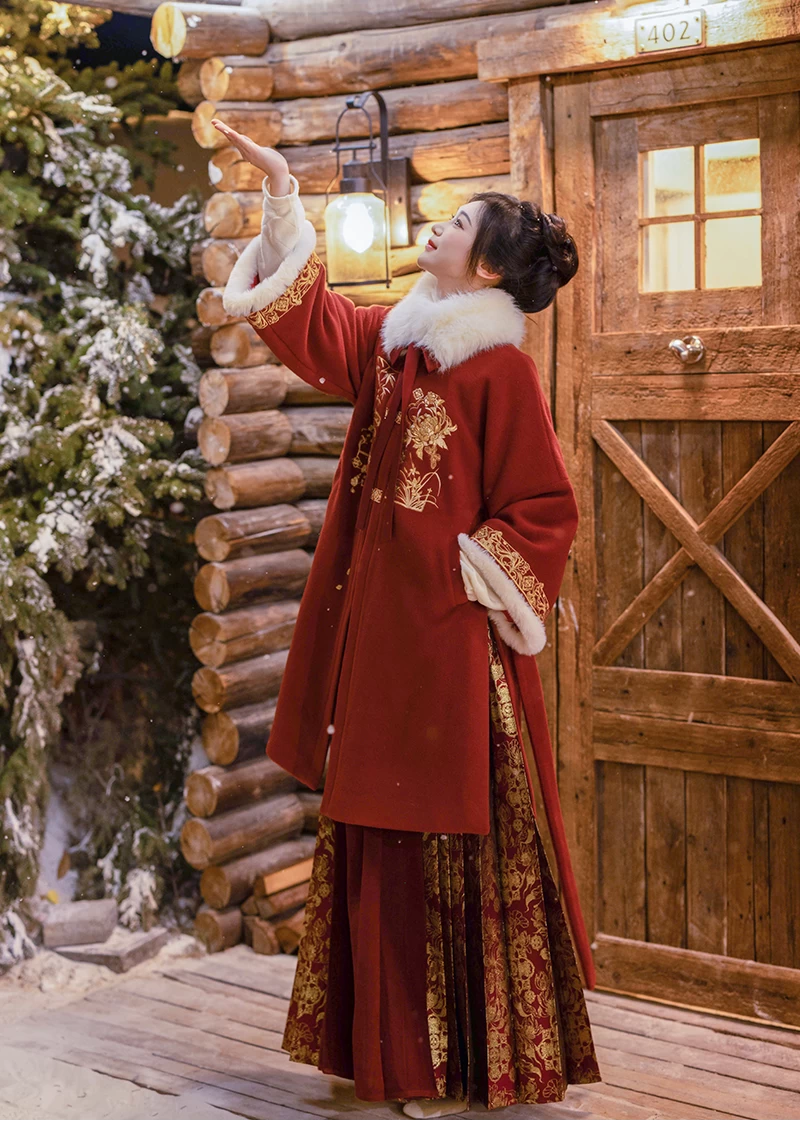 Mirelia | Women  Modern Hanfu Dress Set Fur Collar Floral Red XS-XL