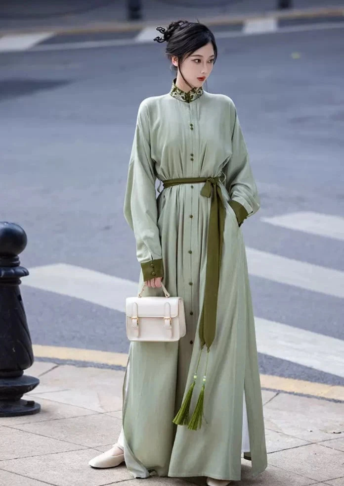 Women's Modern Daily Hanfu One-Piece Dress, Coastal Tide Print, Silk Blend | HANFUBAO