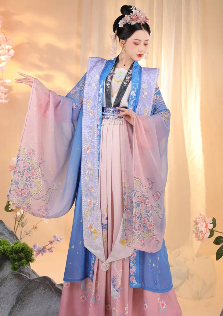 Women Modern Hanfu Set Blue Magpie Print & Flower Embroidery Ice Silk | HANFUBAO