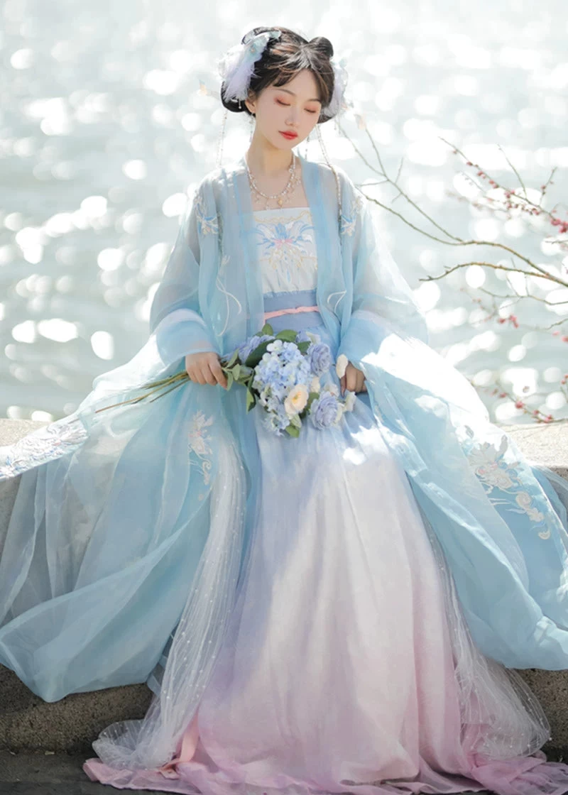 Women Modern Hanfu Chiffon Dress Set Pink Aqua 4-Piece | HANFUBAO