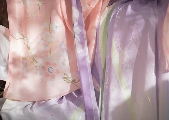 Women Modern Hanfu Chiffon Floral Embroidered Pink Dress Set | HANFUBAO