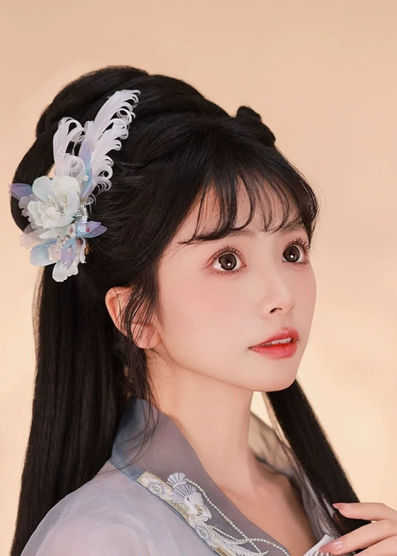 Women Shrink Plastic Hanfu Feather Hair Clip, 3-Color Floral | HANFUBAO