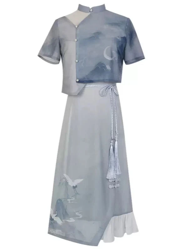 Women Crane Embroidered Modern Chinese Hanfu Dress Set Polyester| HANFUBAO