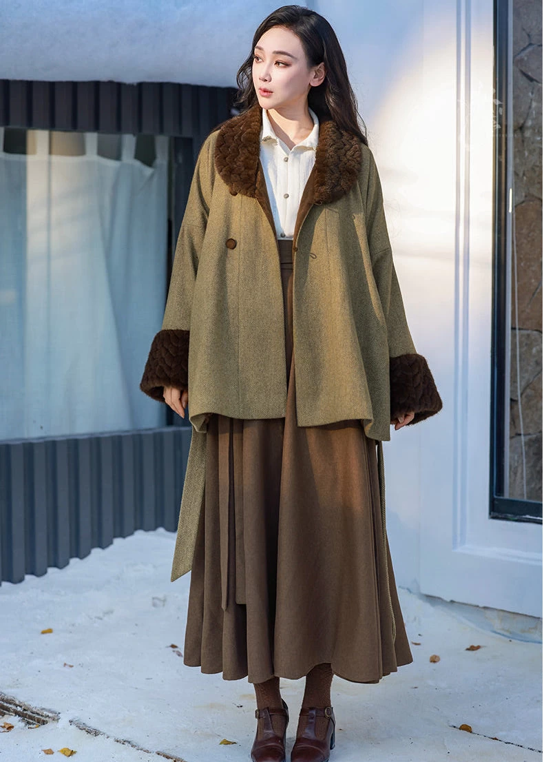 HANFUBAO | Women Wool-Blend Modern Hanfu 3-Piece Winter Set Khaki S-XL