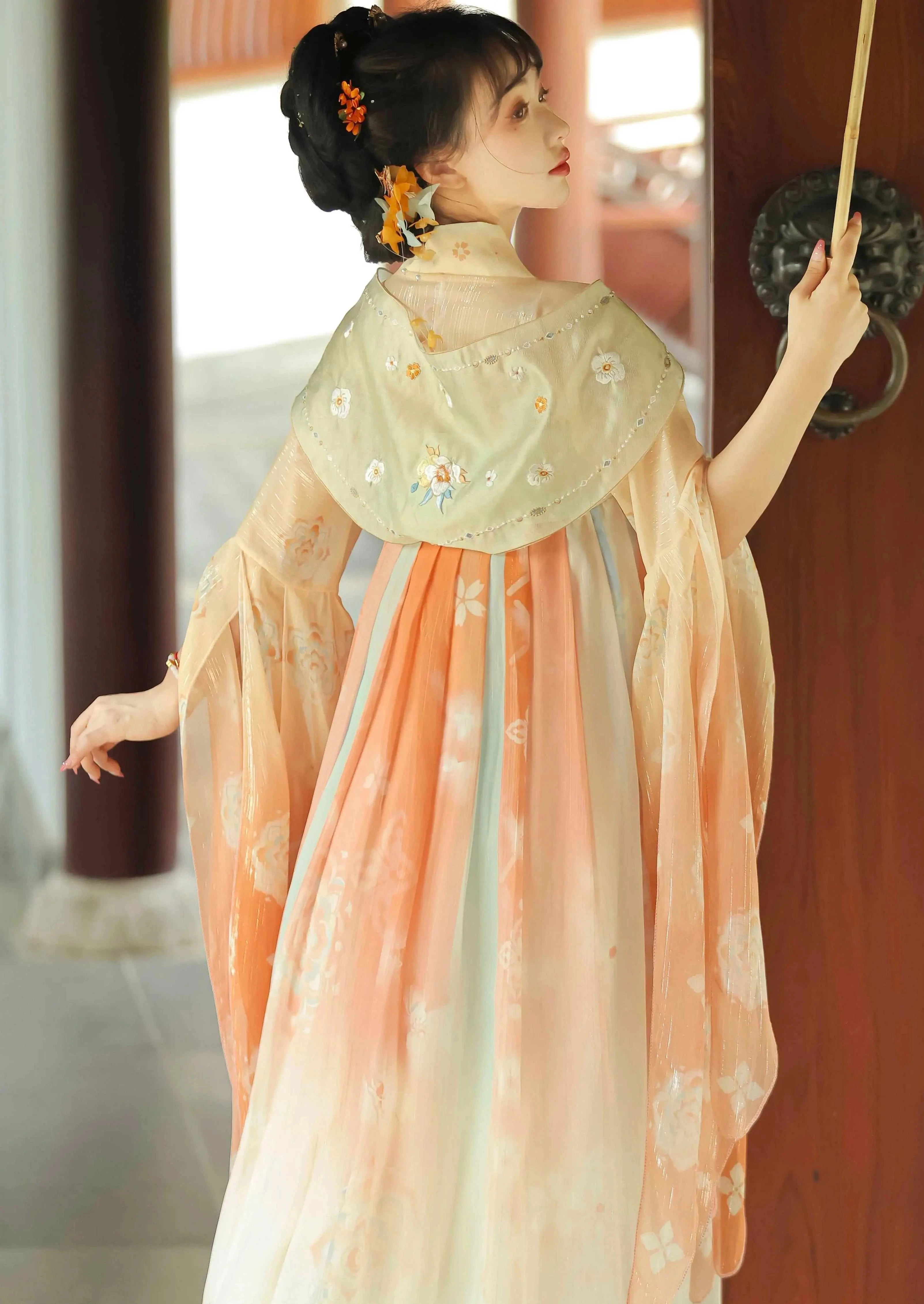 Women Tang Embroidered Chiffon Hanfu 3-Piece Set Skirt+Sleeves+Shawl| HANFUBAO