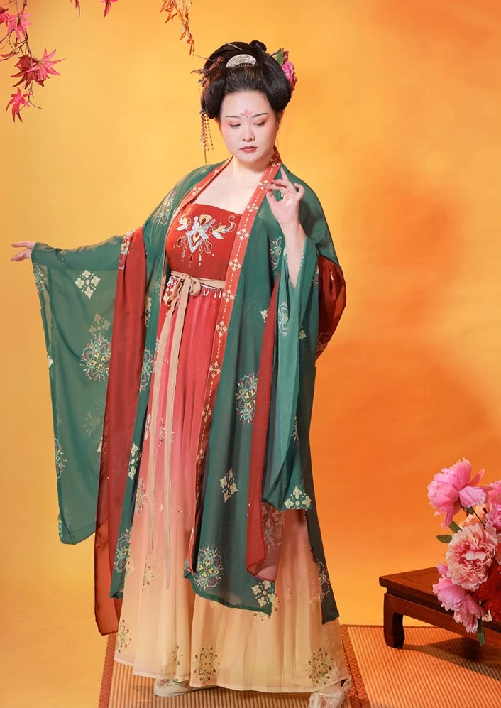 Women Chiffon Modern Plus Size Hanfu Set Green/Red Floral | HANFUBAO