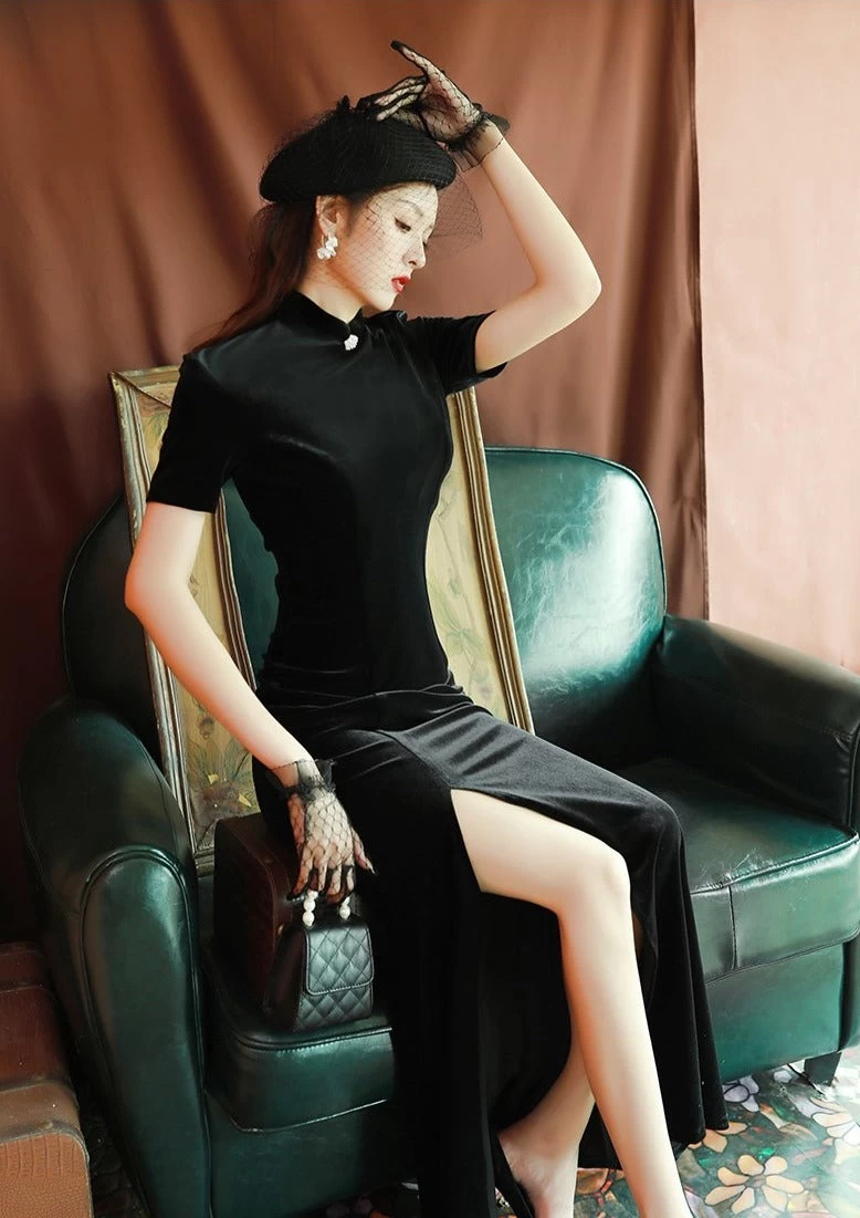 Women Velvet Qipao Dress Black High Slit Evening Party| HANFUBAO