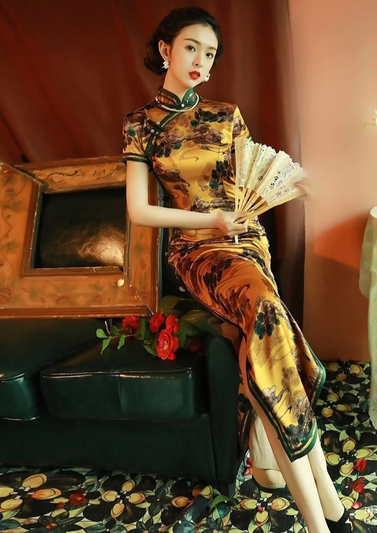 Women Cloud Satin Qipao Cheongsam Gold Cloud Print Daily Wear| HANFUBAO