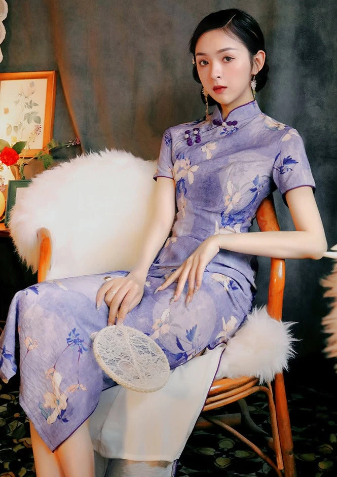 Women Modern Hanfu Linen Qipao Purple Magnolia Print | HANFUBAO