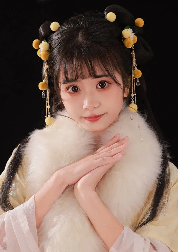 Women Hanfu Style Yarn Pom Pom Hair Clips w/ Faux Pearls Snow Ball 9cm | HANFUBAO