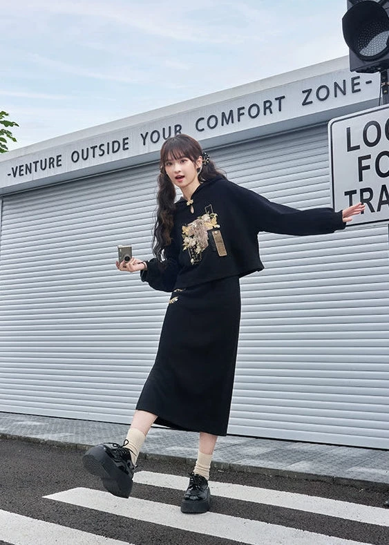 Women’s 2-Piece Modern Daily Hanfu Hoodie Set Jasmine Scroll Print| HANFUBAO