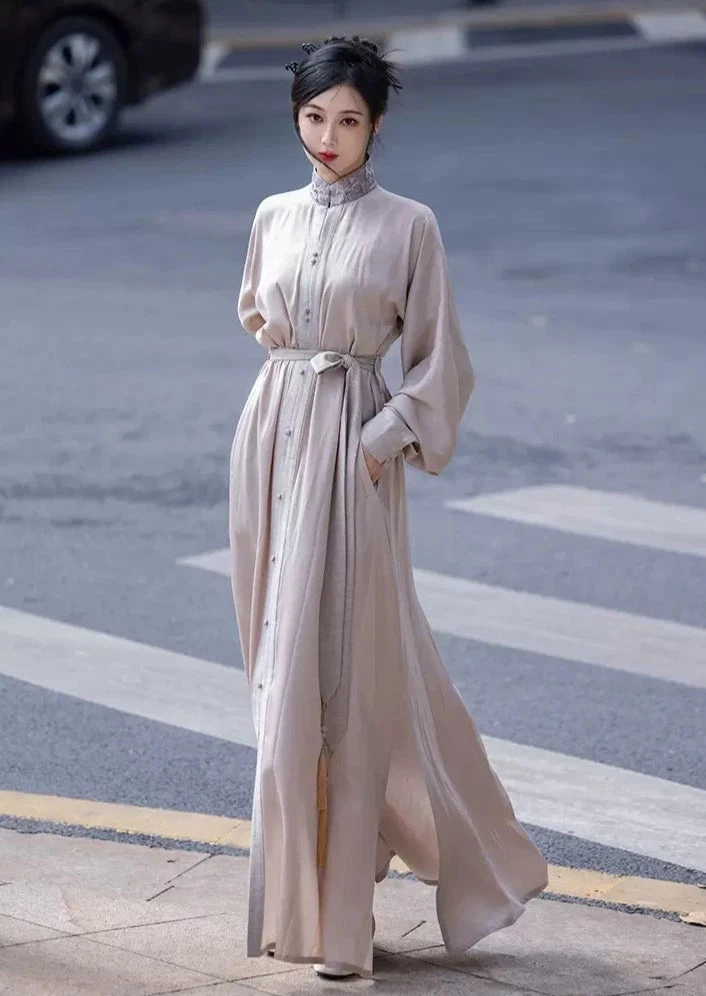 Women's Modern Daily Hanfu One-Piece Dress, Coastal Tide Print, Silk Blend | HANFUBAO