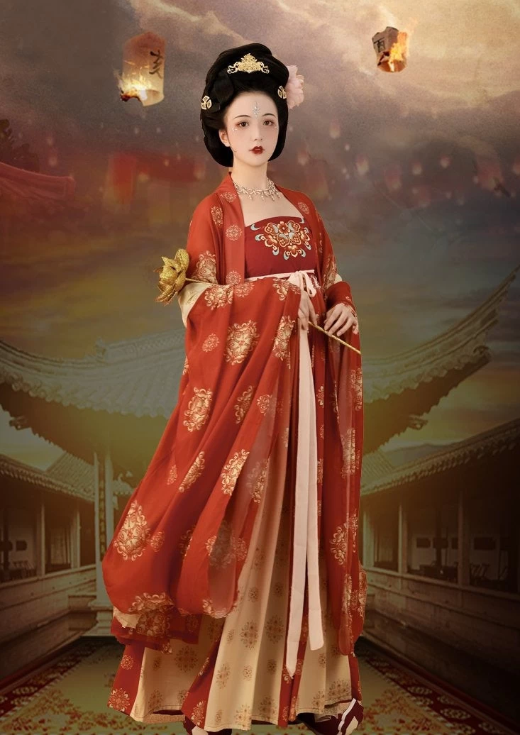 Women Modern Chiffon Hanfu Set Red Vintage Flower | HANFUBAO