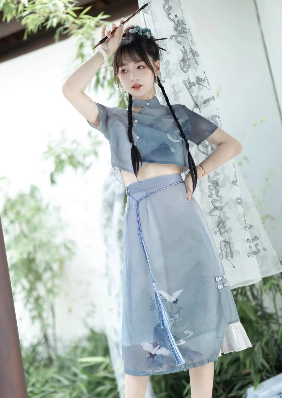 Women Crane Embroidered Modern Chinese Hanfu Dress Set Polyester| HANFUBAO