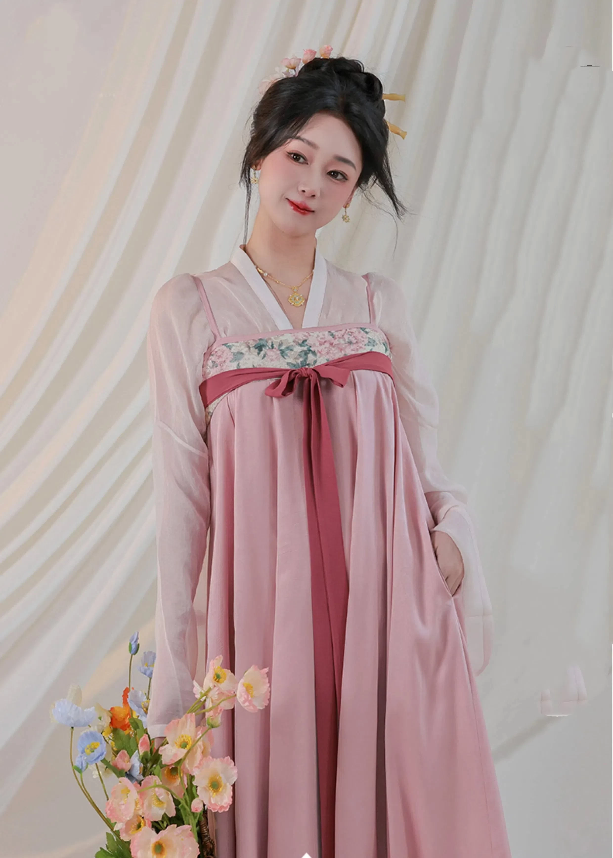 Women’s Modern Chiffon 2-Piece Daily Hanfu Set, Spring Bloom Floral | HANFUBAO