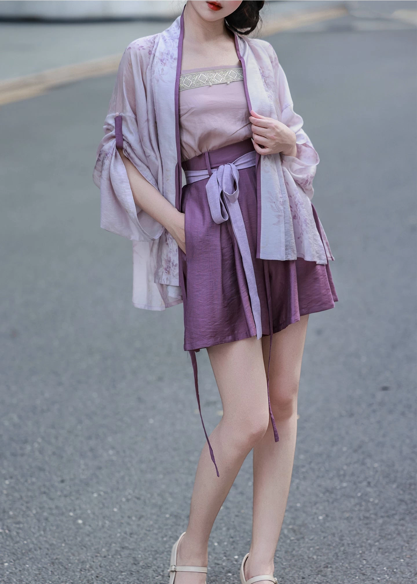 Women Rayon Blend Modern Daily Hanfu 3-Piece Set Purple Wisteria | HANFUBAO