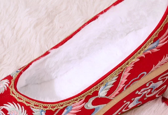 Bridal Embroidered Wedding Shoes Red Floral Butterfly Linen Pearls | HANFUBAO