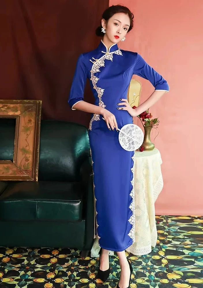 Women Modern Hanfu Satin Qipao Dress Ruby Red | HANFUBAO