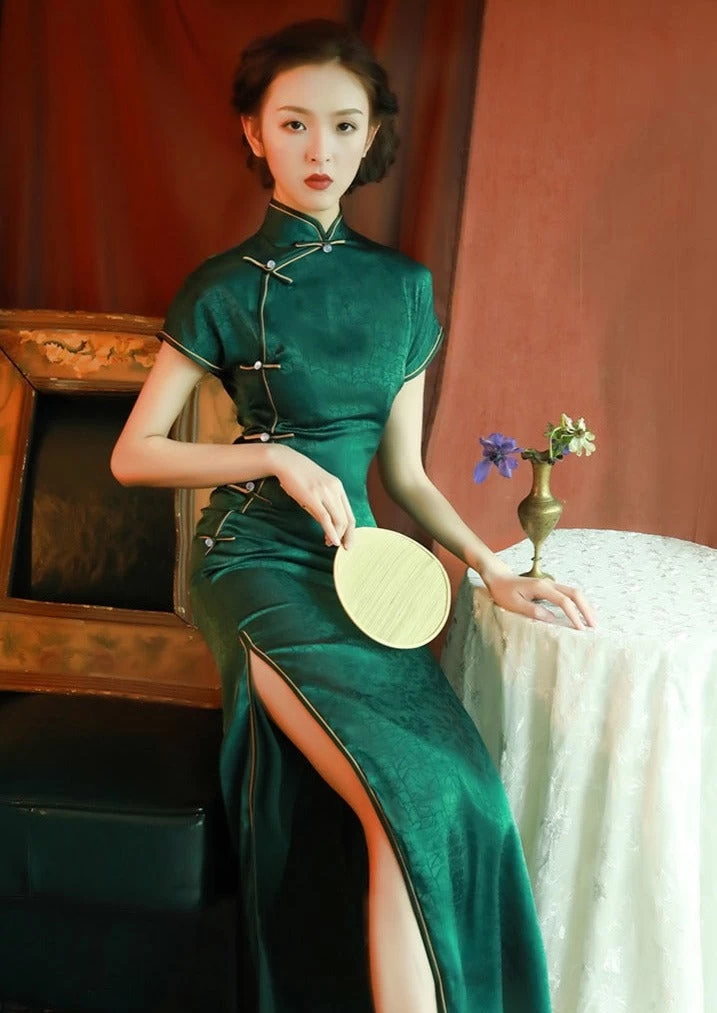 Women Daily Hanfu Jasper Green Qipao Dress High Slit Gambiered Gauze| HANFUBAO