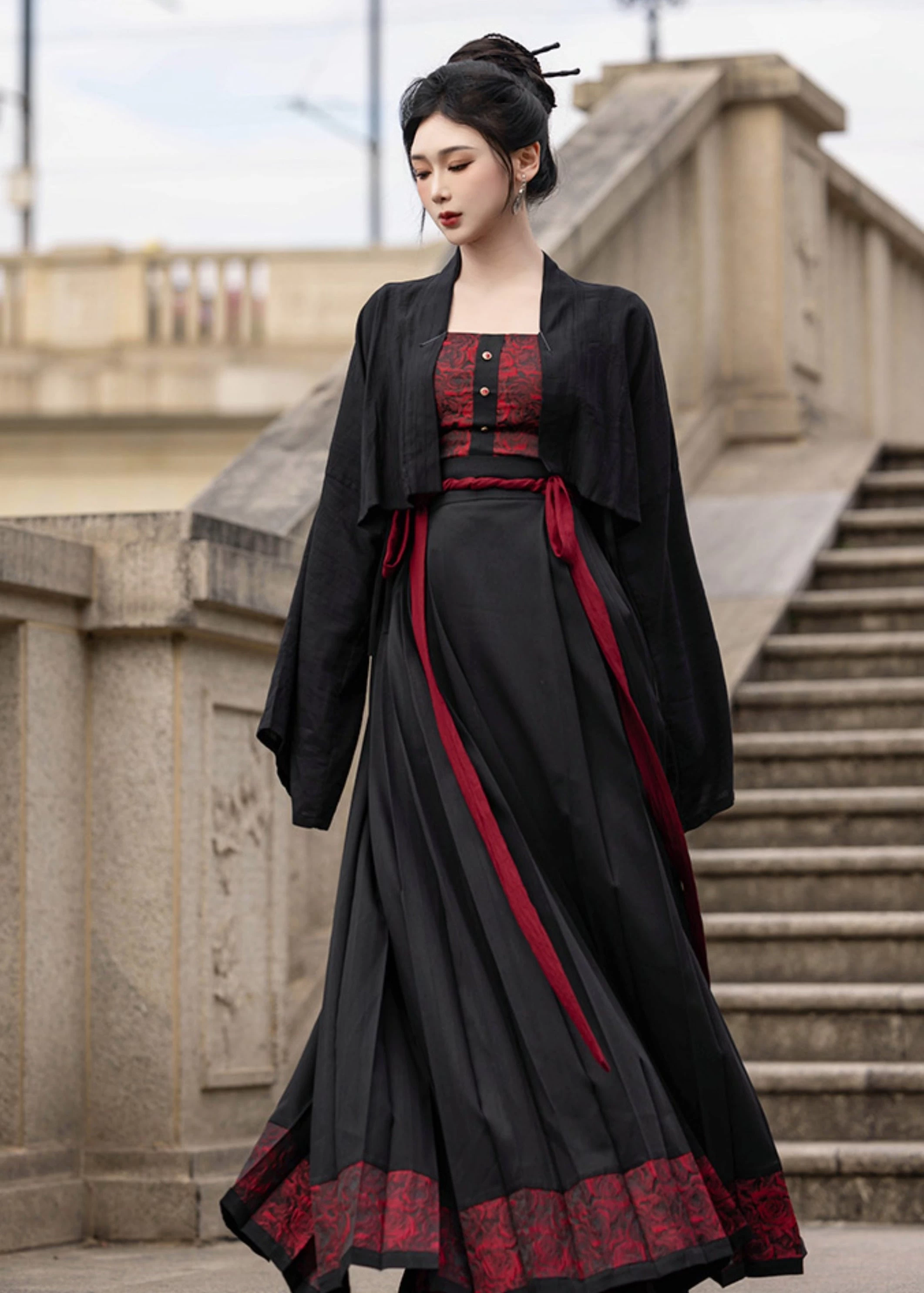 Women's 3-Piece Modern Crimson Hanfu Set, Viscose-Poly Daily Wear| HANFUBAO