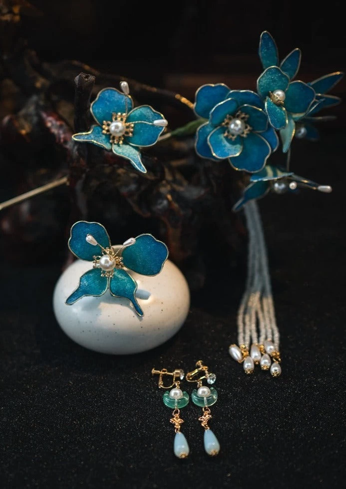 Women Blue Butterfly Fabric Hairpin Set with Faux Pearl for Hanfu Styling | HANFUBAO