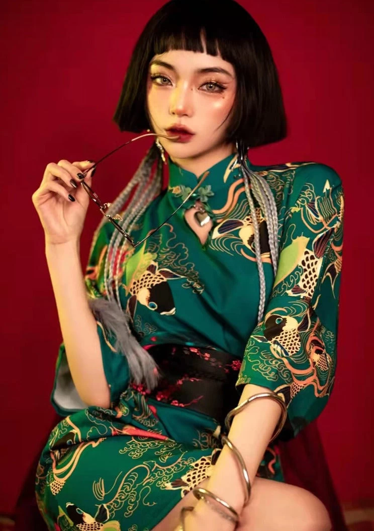 Women's Mini Qipao Dress Green Koi Print,  Party Night Out| HANFUBAO